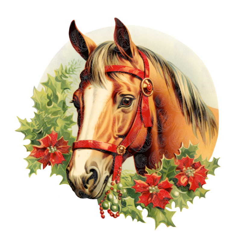 Christmas horse portrait with red bridle holly and poinsettias vintage illustration Grey Barn Handwerk Saskatchewan